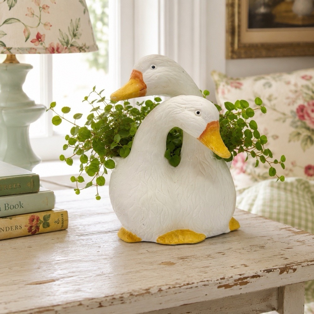 Vintage Double Goose Porcelain Planter Vase White Ducks Farmhouse Cottage Decor